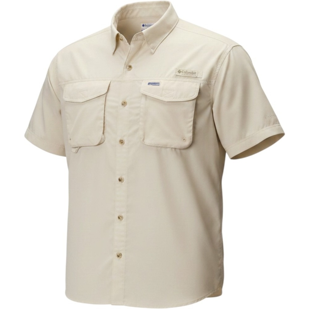 Columbia PFG Bahama  Short Sleeve Fishing Shirt Tan Khaki Mens Large L Mesh Vent